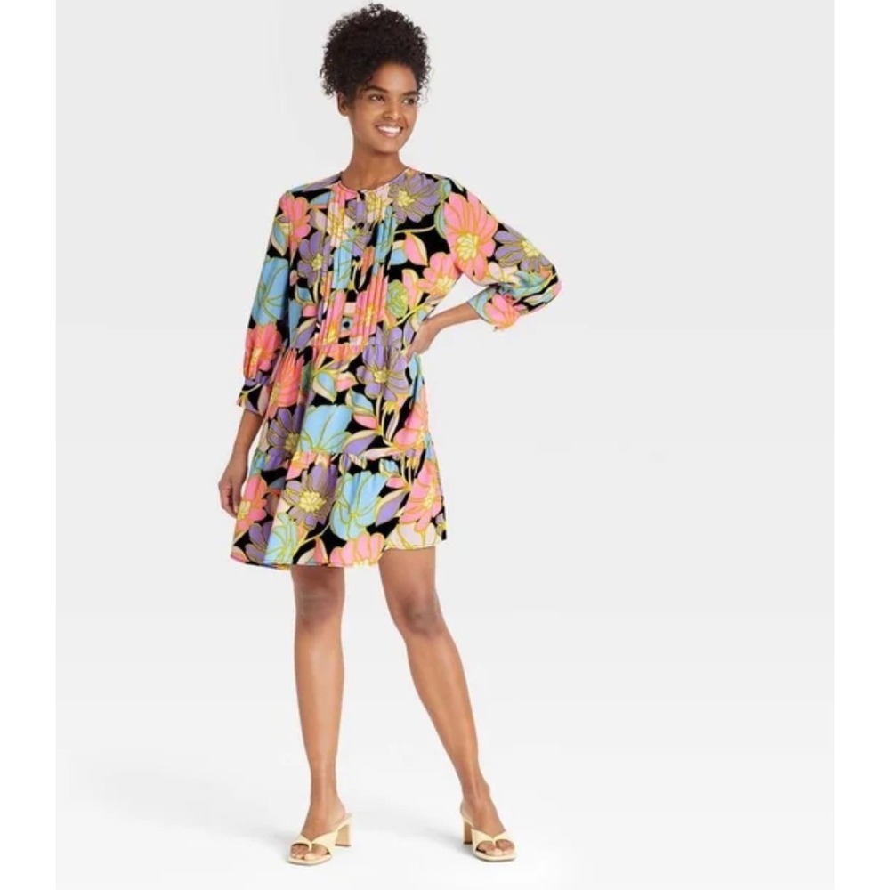 Who What Wear Floral Tiered Mini Dress XXL Pink Blue Retro Puff Sleeve Pleated